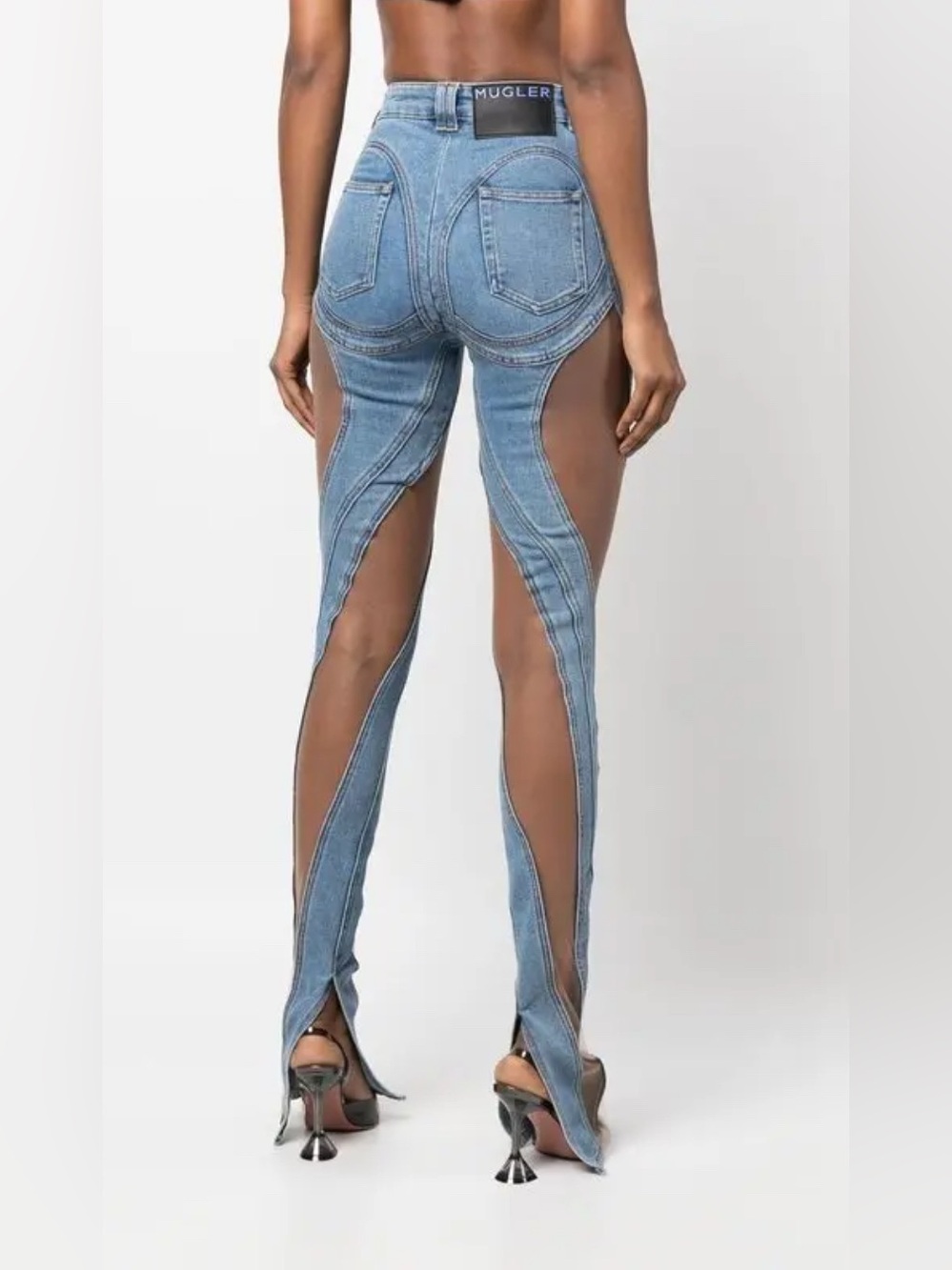 Mugler Blue Leather-Panel Skinny Cutout Jeans